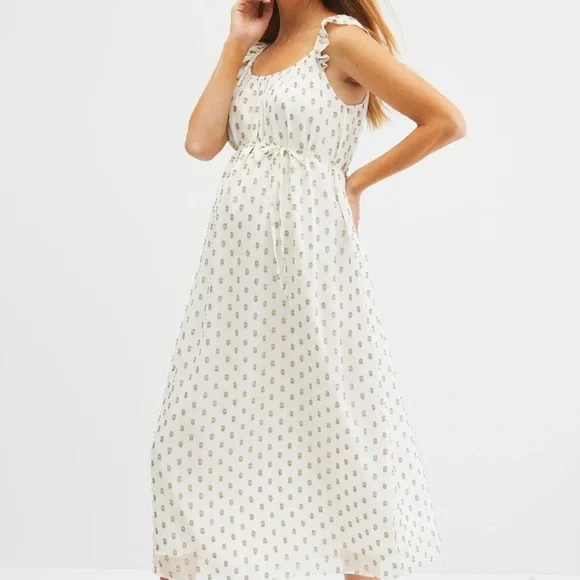 Jessica Simpson Maternity White and Gold Polka Dot Sleeveless Midi Dress - Picture 4 of 5